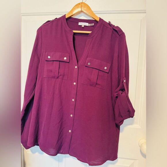 Calvin Klein Purple Relaxed Blouse with Mandarin Collar - Picture 1 of 8